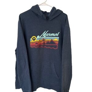 MARMOT Men's Size XL Navy Blue Graphic Print Pullover Hoodie Sweatshirt Gorpcore